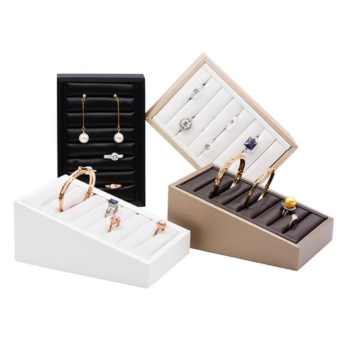 Jewelry Display Stand PU Leather Inclined Step Tray Ring Earring Bracelet Organizer Multi Slot Counter Showcase Elegant