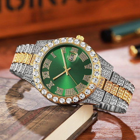 Luxury Men Hiphop Iced Out Quartz Watch With Roman Numerals Rhinestone Metal Wristwatch Fashion Business Jewelry Gift