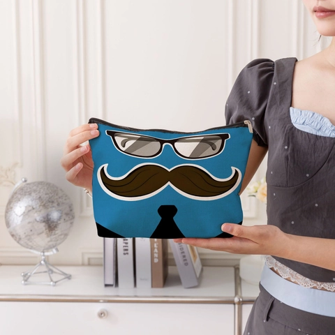 Father's Day Linen Makeup Bag Mustache Glasses Print Cosmetic Organizer Large Capacity Travel Toiletry Case Wrist Strap Best Dad Gift