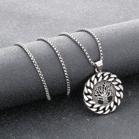 Norse Mythology World Tree Jormungandr Serpent Pendant Necklace Stainless Steel Antique Viking Rune Men Jewelry