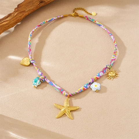 Starfish Sun Heart Pendants Necklace Stainless Steel Gold Plated Colorful Fabric Rope Bohemian Summer Jewelry For Women