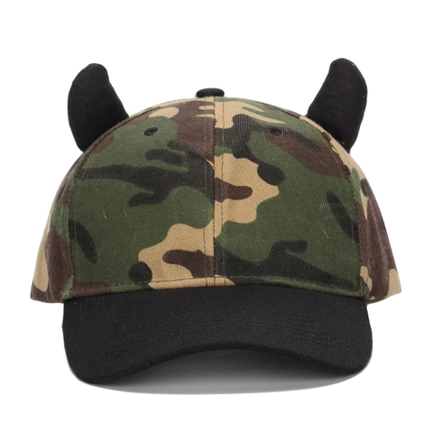 Camouflage Baseball Cap With Devil Horns Polyester Adjustable Sun Hat Outdoor Casual Style