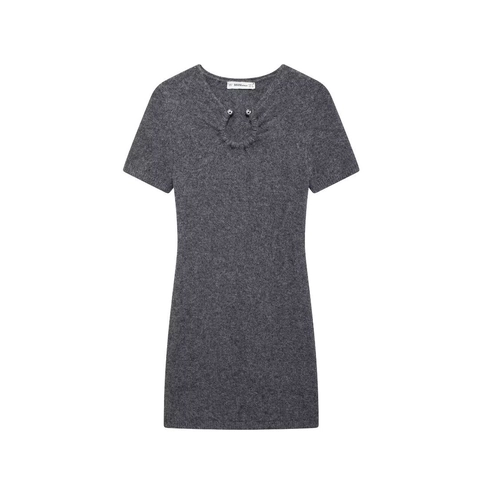 Women Knit Mini Dress Short Sleeve Metal Detail Crew Neck Solid Slim Bodycon Elegant