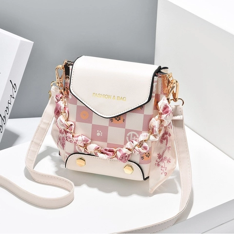Women PU Leather Crossbody Phone Bag Mini Checkerboard Cartoon Cat Print Satin Scarf Chain Handle Magnetic Flap