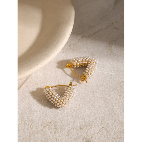 Pendientes de Aro de Acero Inoxidable Bañados en Oro de 18K para Mujer Vintage Francés Corazón en V con Perlas Artificiales y Strass Joyería Regalo