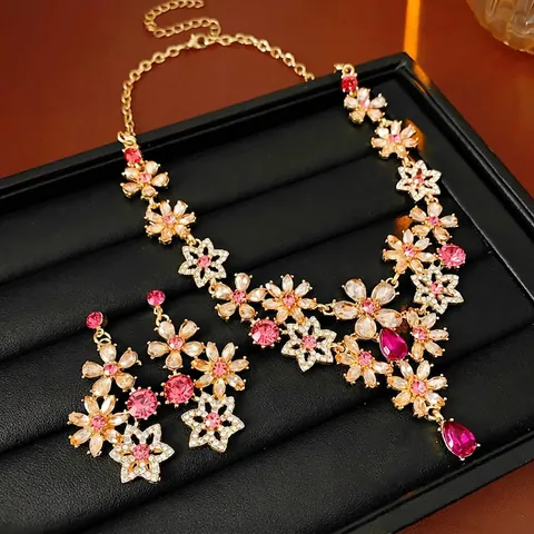Collier Boucles Oreilles Fleur Vintage Strass Alliage Avec Tige Bijoux Luxe Style Palais Élégant Pour Femmes