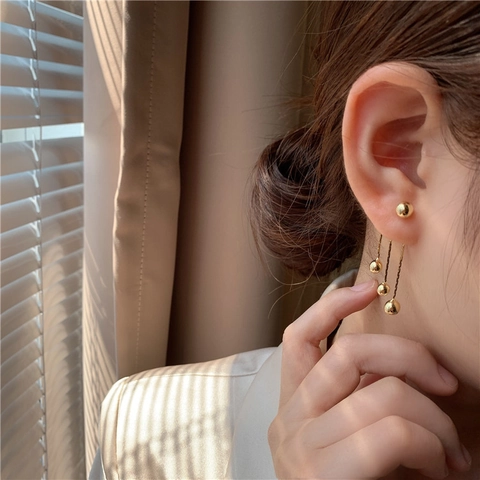 Pendientes Largos de Borla Chapados en Oro para Mujer Poste de Plata de Ley 925 Pendientes Colgantes de Cadena de Bolas Geométricas Joyería Minimalista