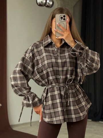 Retro Plaid Shirt Women Long Sleeve Polyester Cotton Brushed Blouse Drawstring Waist Loose Casual Top Flared Cuffs