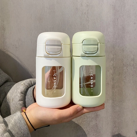 Bottiglia D'acqua In Vetro Portatile Con Cannuccia E Coperchio A Molla A Tenuta Stagna Resistente Al Calore Vetro Borosilicato Ufficio