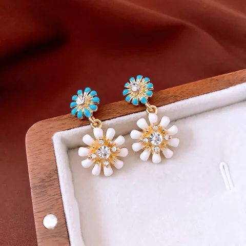 Pendientes Colgantes Flor Margarita Doble Capa Esmalte Aleación Cristal Con Poste De Plata Moda Retro Para Mujeres