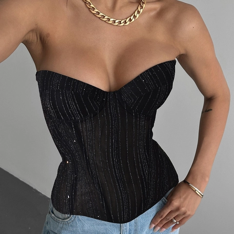 Sequin Stripe Corset Top Strapless Tube Top Polyester Boned Slim Backless Lace Up Party Clubwear For Women Black