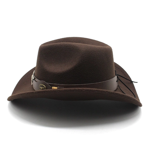 Retro Western Cowboy Hat Woolen Felt Leather Band Metal Bull Head Decoration Wide Brim Fedora For Adult