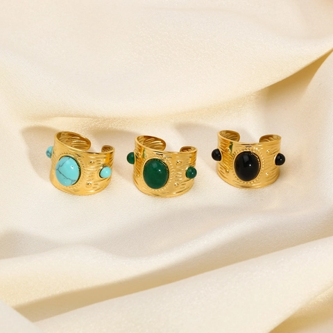 Vintage Stainless Steel Open Ring French Style PVD Gold Plated Turquoise Look Adjustable Finger Ring for Women Jewelry