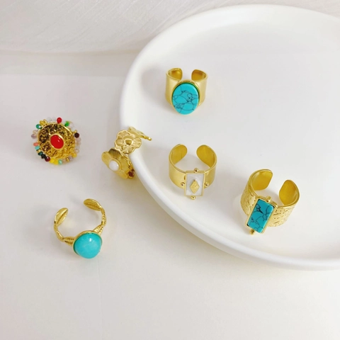 Vintage Bohemian Stainless Steel Ring 14K Gold Plated Turquoise Shell Adjustable Open Ring For Women Geometric Flower Jewelry