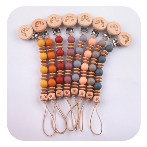 Silicone Pacifier Clip Chain Beech Wood Beads Rainbow Star Engraved Soother Holder Infant Teething Accessory