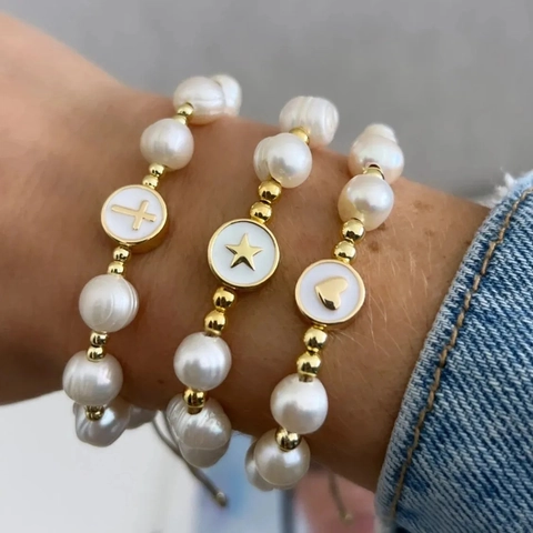 Bracciale Künstliche Perle Naturali Acqua Dolce Placcato Oro 18K Ciondolo Croce Stella Cuore Corda Intrecciata Regolabile Gioielli Donna