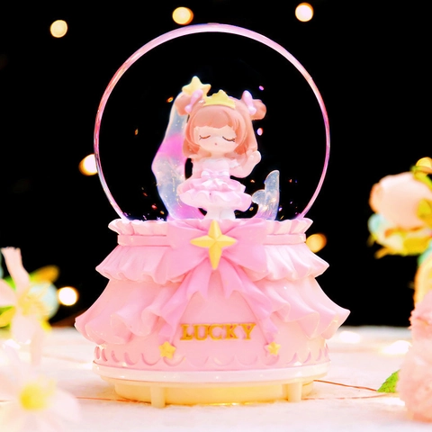 Cartoon Girl Crystal Ball Music Box Snow Globe With LED Light And Music Glass Resin Desktop Decoration For Bedroom