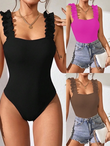 Women Bodysuit Ruffle Straps Ribbed Knit Square Neck Sleeveless Slim Fit Solid Color Summer Fashion