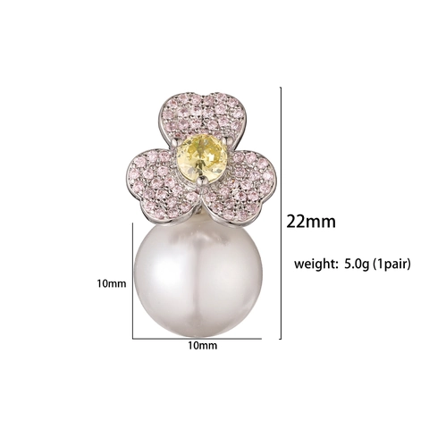Elegant Copper Flower Pearl Stud Earrings For Women Micro Pave Rhinestone Petal Floral Drop Earrings Fashion Jewelry Gift