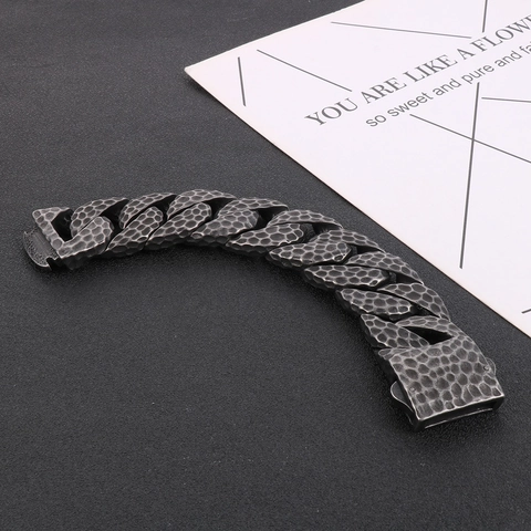 Bracciale Da Uomo Texture Martellata Acciaio Inossidabile 316L Maglia Cubana Spessa Vintage Punk Invecchiato Gioielli Uomo
