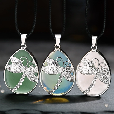 Collana con Pendente a Goccia con Libellula Vintage per Donna Pietra Naturale Artificiale Lega Strass Cordino in Ecopelle Gioielli