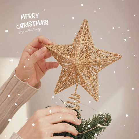 Puntale Per Albero Di Natale Stella Cava Ferro Metallo Glitter Paillettes Ornamento Decorativo Oro Argento Festivo Casa