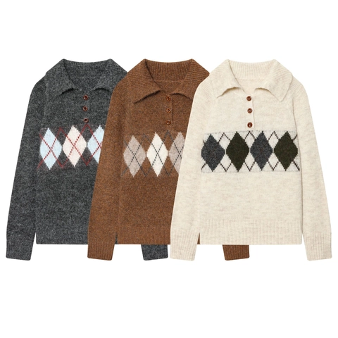 Maglione In Maglia Con Motivo Argyle Da Donna Collo Polo Maniche Lunghe Bottoni Top Casual Alla Moda