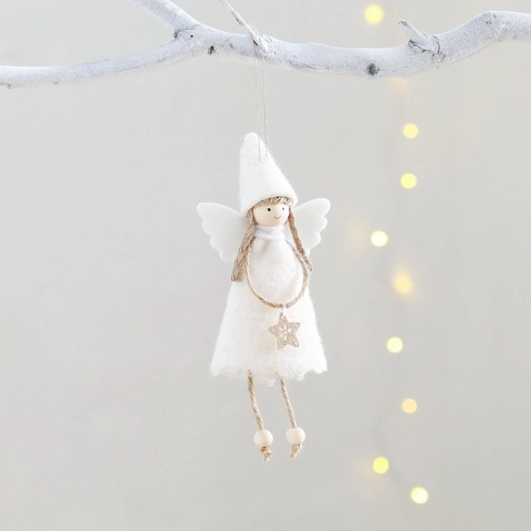 Kerst Engel Hangende Ornamenten Puntmuts Pluche Polyester Houten Kraal Vleugels Hart Ster Sneeuwvlok Pailletten Boomdecoratie