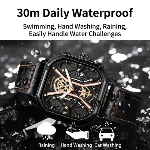 Men Quartz Watch Square Case Luminous Waterproof Chronograph Business Sport Fashion Wristwatch Leather Steel Strap