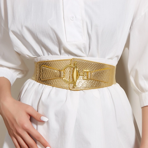 Cintura Corsetto Elastica Larga da Donna Fibbia ad Anello in Lega Metallica Pelle Artificiale Motivo Serpente per Abiti Cappotto