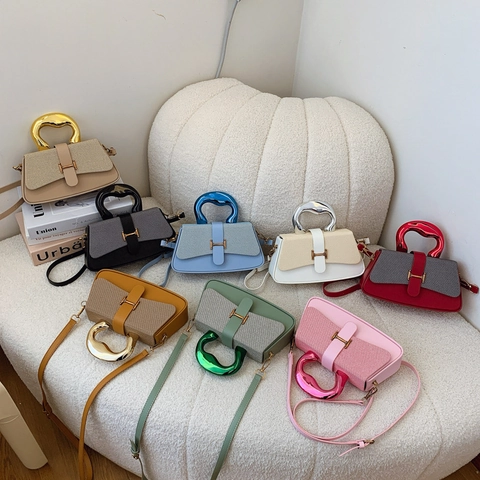 Women Fashion Contrast Color PU Leather Crossbody Bag With Metallic Handle H Buckle Patchwork Small Square Top Handle Handbag