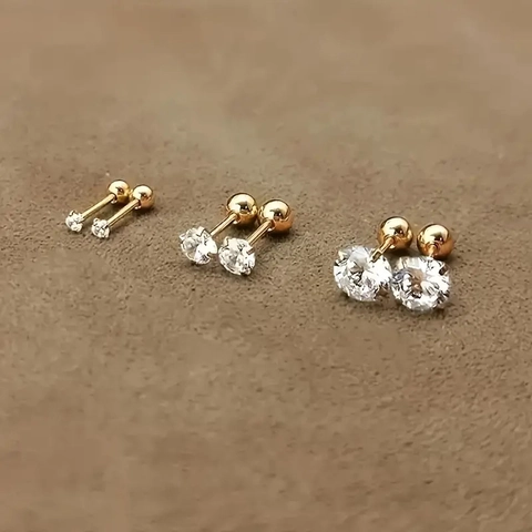 Zircon Earrings Titanium Steel Screw Ball Back Round Clear Crystal Hypoallergenic Minimalist Unisex Piercing Jewelry