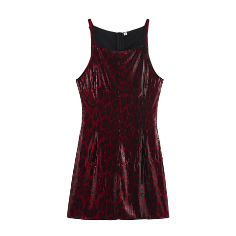 Sexy Dames Mini Jurk Met Lovertjes Luipaardprint Mouwloos Halter Nek Rits Achterkant Polyester Feest Clubwear