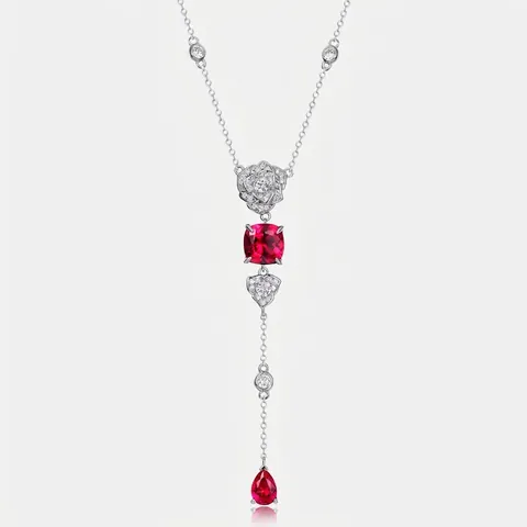 Collar con Colgante de Flor de Rosa de Plata de Ley 925 Rubí Creado en Laboratorio Circonia Collar de Cadena Larga para Mujer Lujo