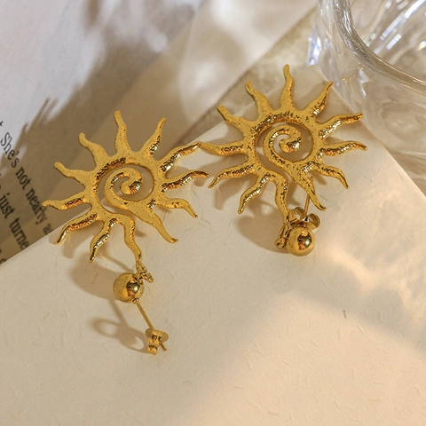 Sonne Spirale Ohrstecker Edelstahl 18K Vergoldet Hammerschlag Textur Retro Hip Hop Mode Schmuck Für Frauen