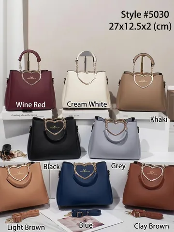 Women PU Leather Handbag Heart Shaped Metal Handle Litchi Grain Shoulder Crossbody Bag Large Capacity Daily Fashion