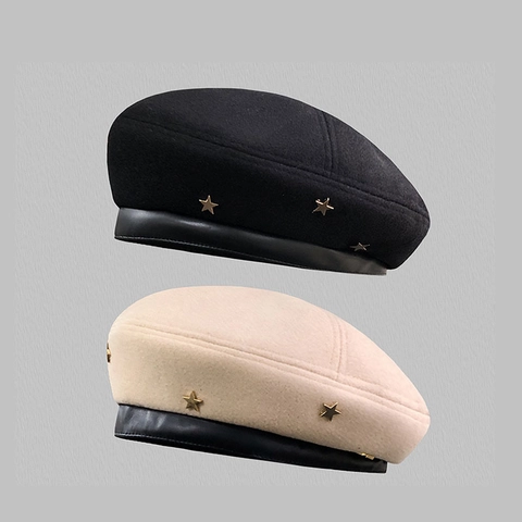 Berretto In Lana Da Donna Con Bordo In Pelle PU Ornamenti In Metallo Stella Ancora Retro Autunno Inverno Caldo Cappello Da Pittore