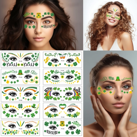 Pegatinas De Tatuaje Facial Del Día De San Patricio Impermeables Temporales Trébol Luminoso Arte Corporal Irlandés
