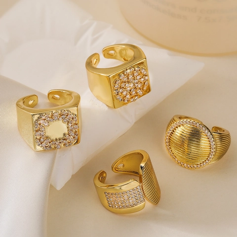 Women Chunky Wide Band Ring 18K Gold Plated Copper Zircon Geometric Hip Hop Adjustable Open Finger Jewelry