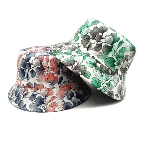 Omkeerbare Vissershoed Met Plantenbladprint Polyester Zonbescherming Opvouwbaar Vintage Casual Outdoor Zonnekap Dames Heren
