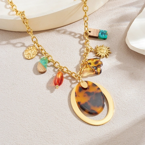 Roestvrijstalen Ketting Met Hars Schildpad Zon Hout Geometrische Hangers Boheems Retro Vintage Voor Dames