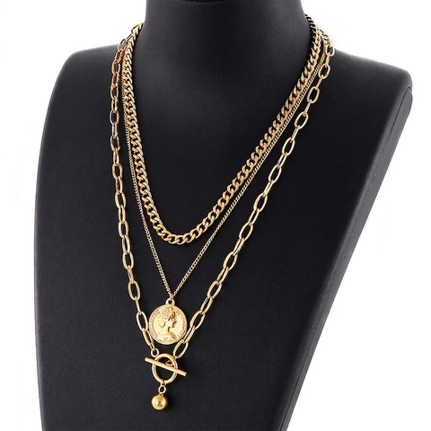 Multi Layered Necklace Stainless Steel Elizabeth II Coin Pendant Toggle Clasp Round Beads Retro Punk Chunky Jewelry