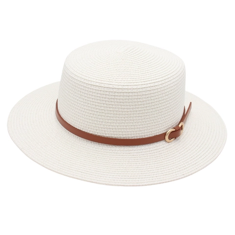 Women Boater Hat Woven Straw Wide Brim Sun Protection Summer Beach Vacation Elegant Flat Top PU Leather Belt Buckle