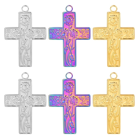 Zonnebloem Reliëf Kruis Hanger Roestvrij Staal Vacuüm Geplateerd Floraal Retro Sieraden Accessoire Voor Vrouwen