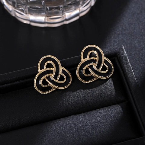 Gioielli Nodo Celtico Vintage Smalto Nero Lega Placcata Oro Orecchini Geometrici E Collana Per Donne