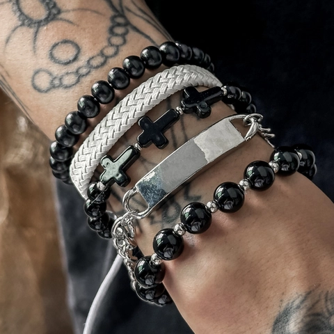 Men Bracelet Black Beads White Woven Faux Leather Zinc Alloy Cross Pendant Hip Hop Punk Vintage Jewelry