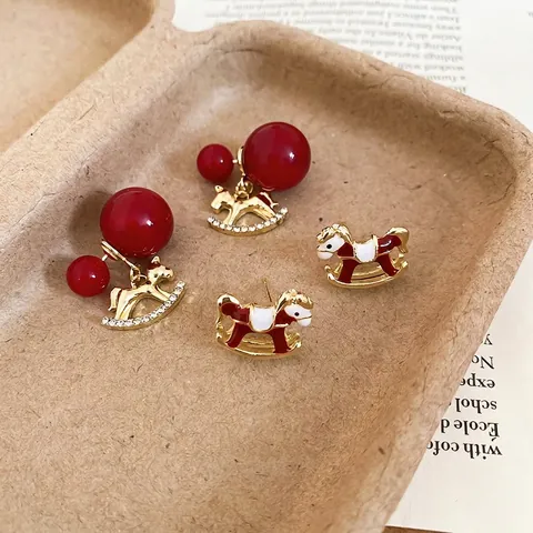Orecchini Cavallo Dondolo Perla Resina Rossa Lega Placcata Oro Con Zircone E Perno Orecchino Argento Gioielli Festa