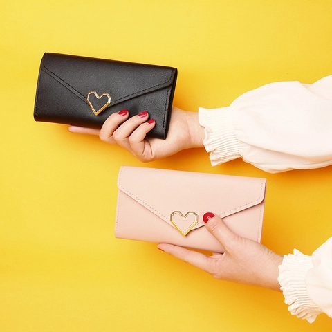 Women Long Wallet PU Leather Heart Metal Buckle Envelope Style Tri Fold Card Holder Purse For Students Elegant