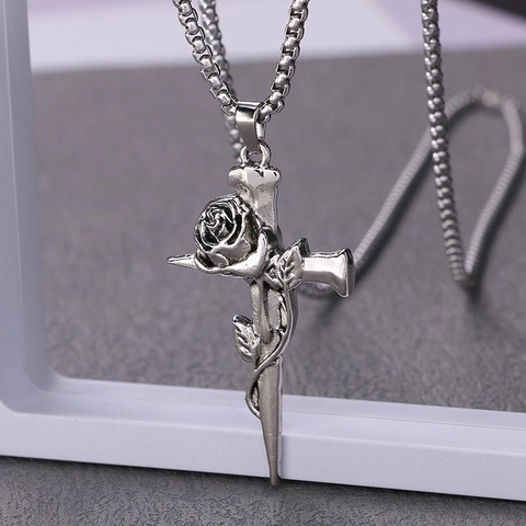 Collana con Pendente a Croce e Rosa Gotico Vintage in Acciaio Inossidabile Argento Antico Gioielli per Uomo Donna