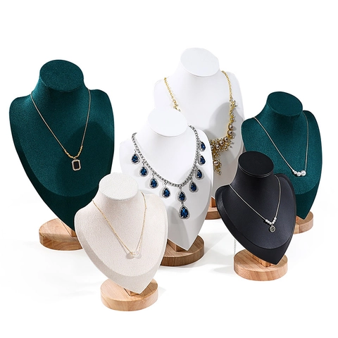 Necklace Display Stand Jewelry Bust Mannequin Solid Wood Base Velvet Leatherette Pendant Holder Professional Organizer